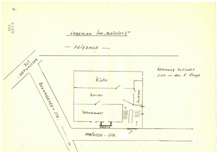 Lageplan einer „Konspirativen Wohnung“ in der Mainzer Straße, gezeichnet vom MfS 1980, BStU, MfS BV Pdm AIM 1205/86, pag. 13 ©