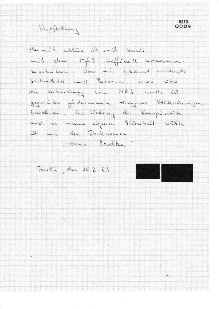 Verpflichtungserklärung des Studenten "Hans Radke" (Deckname) zur inoffiziellen Zusammenarbeit mit dem MfS im Oktober 1983.