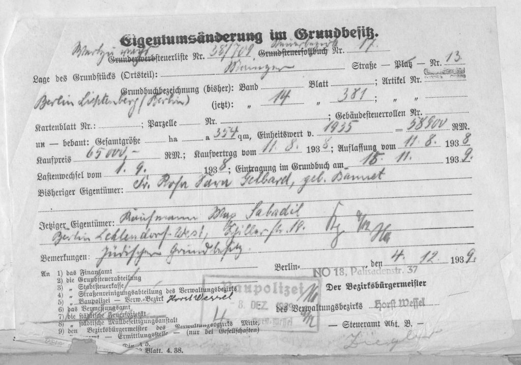 Familie Gelbard 4.12.1939: Eigentumsänderung im Grundbesitz jüdisches Vermögen. Quelle: Landesarchiv Berlin A Rep. 010-02, Nr. 31732 
